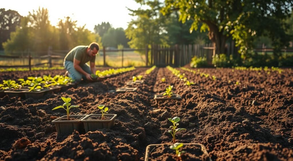 preparação do solo e transplante de plantas